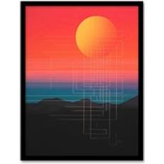 Red Framed Art Sunset Modern Digital Mountain Landscape Colour Gradient Painting Print Framed Art