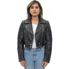 Leather Jackets - M - Women Infinity Leather Womens Cropped Brando Biker Jacket-Damascus Black