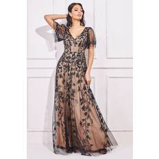 Black - Long Dresses Goddiva Flared Sleeve Embroidered Maxi Dress Black