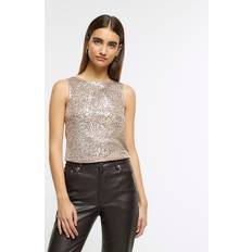 Gold - Women Tank Tops River Island Womens Rose Gold Sequin Tank Top Gold