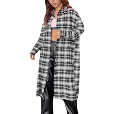 Loose Coats Shein Coolane Women's Long Plaid Coat With Letter Printed, Autumn And Winter