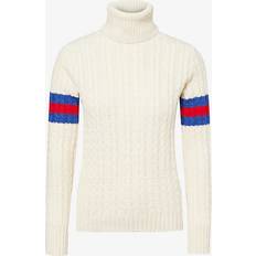 Gucci Women Tops Gucci Womens Ivory Blue Red Cable-knit Turtleneck Wool and Cashmere-knit Jumper