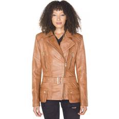 Leather Jackets - Women Infinity Leather Womens Long Biker Jacket-Quito Tan
