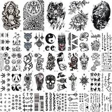 Black Body Makeup Zayvor 45Sheets Temporary Tattoos for Women Men,3D Waterproof Tiny Black Handrawn Tattoos,Fake Body Face Arm Chest Shoulder Foot Tattoos, Skull Tribal Maori Tiger Lion Realistic Temp Tattoo Sticker Set