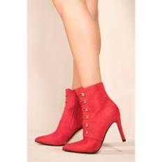 Gold - Women Boots Where's That From 4, Red Womens Pointed Toe Mid Heel Ankle Boots With Gold Buttons