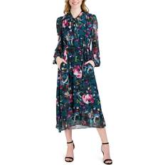 Donna Ricco Women's Floral Tie Neck Midi Dress Teal Multi