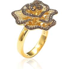 Suzy Levian Golden Sterling Silver Brown and White Cubic Zirconia Pave Flower Ring