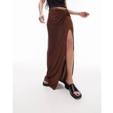 Topshop slinky twist front maxi skirt in chocolate-Brown12