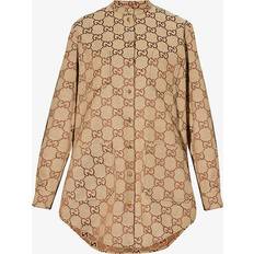 Gucci Women Tops Gucci Womens Camel/ebony Monogram-pattern Textured Regular-fit Cotton-blend Shirt