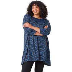 Blue - Women Blouses Roman Curve Abstract Print Stretch Tunic Top Blue