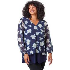 Blue - Women Blouses Roman Curve Floral Overlay Stretch Top Navy