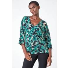 Green Blouses Roman Floral Print Blouson Stretch Top Green