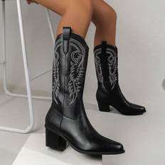 Shein Women's Fashionable Black Western Boots,Ladies' embroidery western cowboy boots fashionable pointed-toe chunky heel mid-calf women's cowboy boots