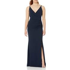 Dress The Population Women's Jordan V-Neck Asymmetrical Ruched Bodycon Maxi Navy Navy