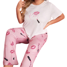 Loose Jumpsuits & Overalls Shein Plus Size Lips & Lipstick & Heart & Letter Printed Casual Short Sleeve T-Shirt And Pants Homewear Set