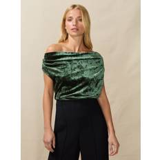 Green Blouses RO&ZO Womens Green Off-shoulder Draped Stretch-velvet top