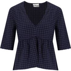 Polyamide Blouses Ganni Blue & Black V-Neck Blouse 081 Deep Cobalt DK