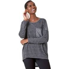 Grey - Women Blouses Roman Glitter Stripe Pocket Stretch Top Grey