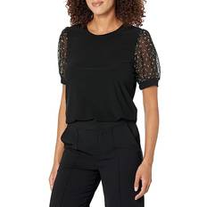 CeCe Women's Short Puff-Sleeve Mixed Media Knit Top Rich Black