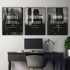 Shein 3pcs Modern Abstract Hustle Grind Execute Wall Motivational Office Canvas Painting