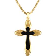 Bulova Men's Icon Black Agate Cross Pendant Necklace in 14k Gold, 24" 2" extender Na