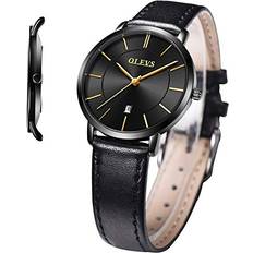 Olevs OLEVS Womens Leather Band Female Black Ultra Thin Wrist Minimalist Slim Waterproof Fashion Casual Simple Dress Analog Wristwatch Classic Gifts with Date Calendar