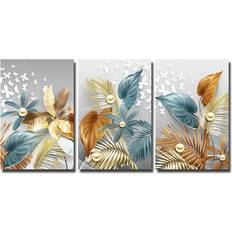 Shein 3pcs Golden Leaves Butterfly Tropical Plant Abstract Painting Palm Leaf Print Luxury Style Minimalist