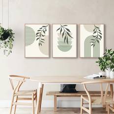 Shein 3pcs Boho Soft Color Abstract Painting Green Geometry Plant Print Minimalist