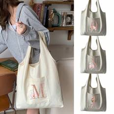 Shein Women Bag Canvas Bags Tote Bags Reusable Grocery Handbags Storage Bag Letter Name Initials Pattern Travel Shoulder Bags Large Capacity Stude