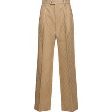 Gucci Women Trousers & Shorts Gucci Womens Camel Monogram-pattern Wide-leg High-rise Wool Trousers