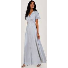 Long Dresses - Silver Monsoon Mia Satin Embroidered Maxi Dress, Silver