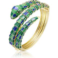 Rachel Glauber Rachel Glauber 14k Yellow Gold Plated with Emerald Cubic Zirconia Green & Blue Enamel 3D Serpent Coiled Bypass Wrapped Bangle Bracelet Green