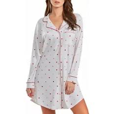 iCollection Kyley Plus Heart Print Button Down Sleep Shirt with Contrast Red Trim White-Red