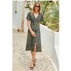 Sosandar Womens Khaki Green Animal Print Jersey Angel Sleeve Fit & Flare Dress