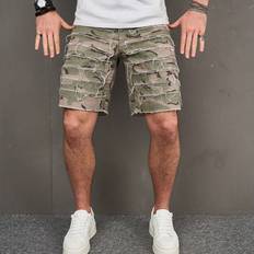 Denim Shorts - Men Shein Men'S Camouflage Printed Frayed Hem Patchwork Denim Shorts