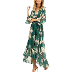 Florals - V-Neck Dresses Yumi Kimono Midi Wrap Dress - Green