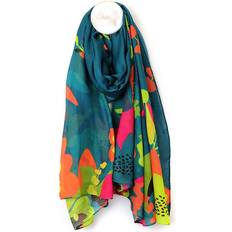 Turquoise - Women Scarfs Pom Teal And Multi Tropical Paradise Print Repreve Scarf