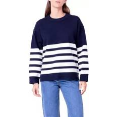 English Factory Women's Stripe Round Neck Sweater Navy/white