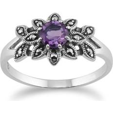 Amethyst Rings Gemondo Art Nouveau Style Round Amethyst & Marcasite Floral Ring in 925 Sterling Silver