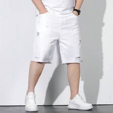 Denim Shorts - Men - White Shein Men'S Plus Distressed Denim Shorts With Slanted Pockets