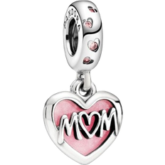 Pandora Mom Script Heart Dangle Charm - Silver/Pink