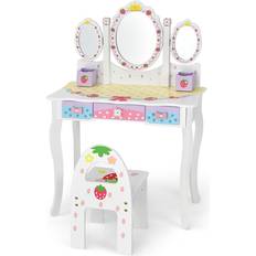 Pink Furniture Set Costway Kids Vanity Princess Makeup Dressing Table Chair Set with Tri Fold Mirror