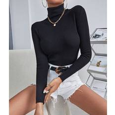 Knitted Sweaters - Women Jumpers Shein Solid High Neck Rib Knit Jumper