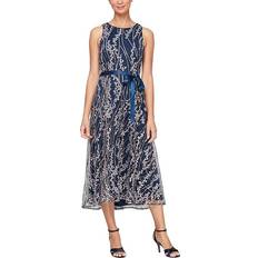 Alex Evenings Women's Metallic Floral Embroidered Midi Dress Navy/Pink