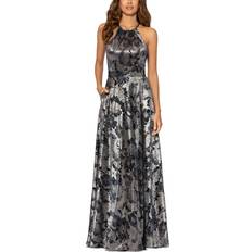 Betsy & Adam Petite Floral Halter-Neck Gown Navy Gunmetal