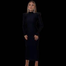 Xusheng L, black Women's Wide Shoulder Bodycon Dress Formal Long Sleeve Mock Neck Smooth Fitted Shoulder Pad Maxi Party Dress