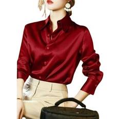 Xusheng 2xl, Red Women Elegant Button Up Long Sleeve Shirts Silk Crepe Satin Blouses Business Top Fashion Slim