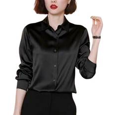 Xusheng 2xl, black Women Elegant Button Up Long Sleeve Shirts Silk Crepe Satin Blouses Business Top Fashion Slim