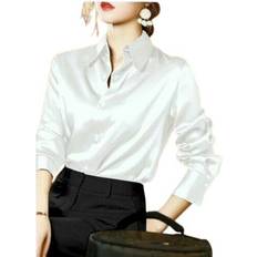 Xusheng xl, White Women Elegant Button Up Long Sleeve Shirts Silk Crepe Satin Blouses Business Top Fashion Slim