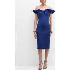 Badgley Mischka Off-Shoulder Bodycon Ruffle Midi Dress